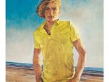 a painting of a man standing on a beach with his hands in his pockets