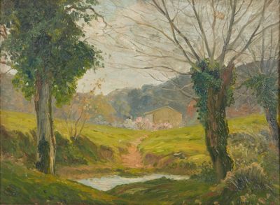 tableau représentant un ruisseau traversant un champ verdoyant et luxuriant, avec des arbres au premier plan