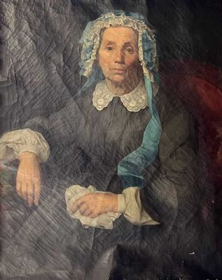 painting of an old woman sitting in a chair with her hand on her lap