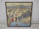 tableau encadré représentant une scène urbaine avec des personnages et des bateaux
