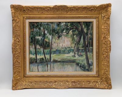 an image of a painting of a house in the woods