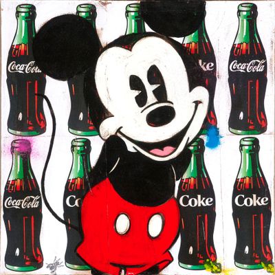 tableau représentant Mickey Mouse entouré de bouteilles de Coca-Cola