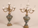 pair of antique brass candelabs with blue and white marble