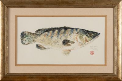 a painting of a fish in a frame on the wall