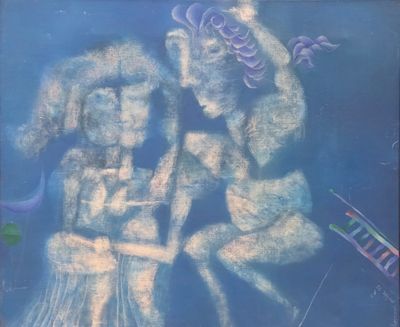 a chalk drawing of two people on a blue background