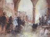 a painting of a group of people in a building