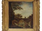 une peinture à l'huile représentant un homme et un chien dans un paysage boisé