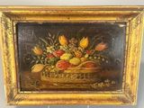 painting of a basket of fruit and flowers on a table