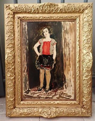 tableau représentant une petite fille vêtue d'un haut rouge et d'une jupe noire
