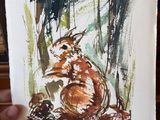 painting of a fox sitting on a log in the woods