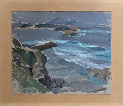 une peinture à l'huile représentant une vue de l'océan depuis une falaise