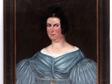 an oil painting of a woman in a blue dress