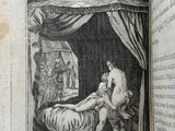 an old book with a picture of a man and a woman in a bed