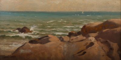 l'image d'une peinture représentant une plage rocheuse avec un voilier au loin