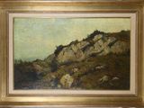 an oil painting of a mountain scene with rocks and trees in the foreground