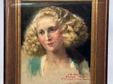 painting of a young girl with curly hair in a brown frame
