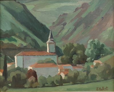 painting of a church with a steeple in a mountainous landscape
