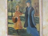 un tableau représentant un homme et une femme se promenant dans un parc