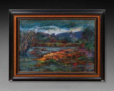 une peinture à l'huile représentant un paysage avec une rivière et des arbres