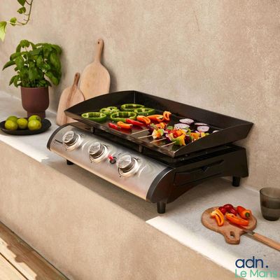 a grill with vegetables on the counter next to a potted plant