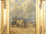 an oil painting of two horses pulling a wagon in a field