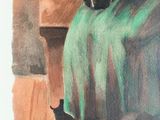 a watercolor painting of a woman sitting on a bench