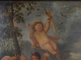 a painting of a child holding a bird in the air