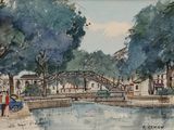a watercolor painting of a bridge over a river