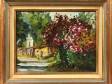 une peinture à l'huile représentant une route de campagne avec des fleurs et une maison en arrière-plan