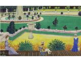 a painting of a woman sitting on a bench in a park