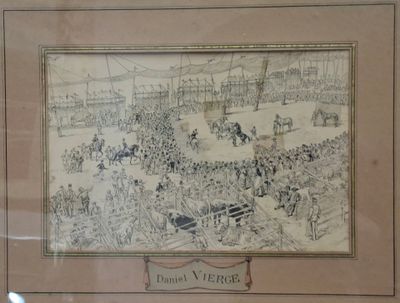 framed picture of a drawing of a crowd of people in a circus