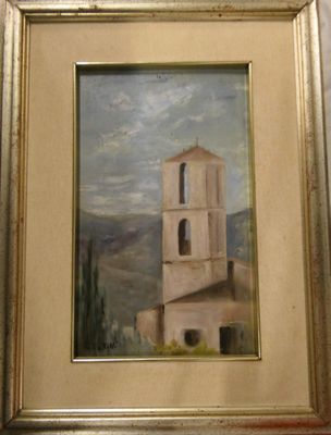 une photo d'un tableau représentant une église, dans un cadre doré