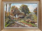 an oil painting of a dirt road with trees in the background