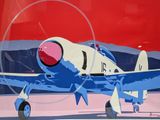 a painting of a blue and white plane on a red background