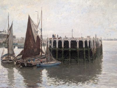 un tableau représentant un bateau amarré à un quai