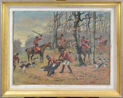 tableau représentant un groupe d'hommes à cheval accompagnés de chiens dans une zone boisée
