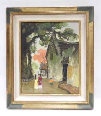 an image of a painting of a woman and a child in front of a house