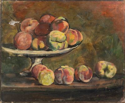 tableau représentant un bol de pêches et de pommes posé sur une table