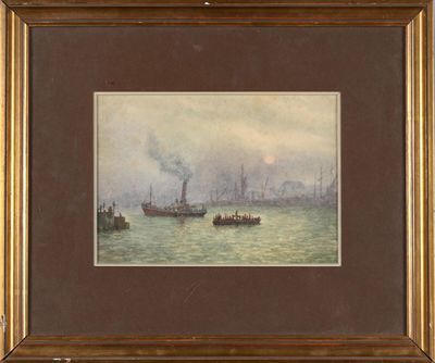 a painting of ships in a body of water with smoke coming out of them