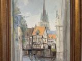 an oil painting of a street scene with a church in the background