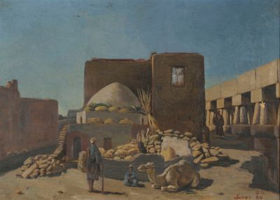 painting of a man standing in front of a building next to a pile of rocks