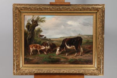 an oil painting of cows grazing in a field by a tree