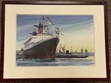 painting of a large ship in a body of water next to a dock