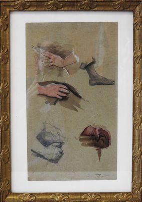 painting of a woman ' s hands and shoes in a gold frame