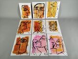 six tableaux représentant des personnes aux visages différents, peints sur une surface blanche
