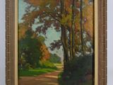 une peinture à l'huile représentant une route de campagne avec des arbres en arrière-plan