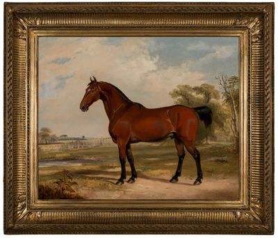 une peinture à l'huile représentant un cheval brun debout dans un champ