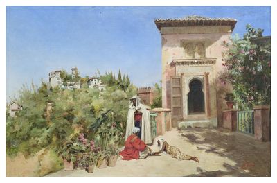 an image of a painting of a woman sitting in front of a building