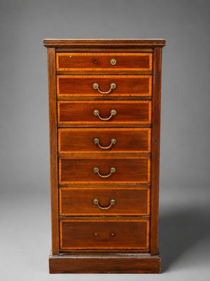 une petite commode en bois comportant cinq tiroirs de chaque côté