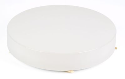 a white round box with a gold handle on a white background